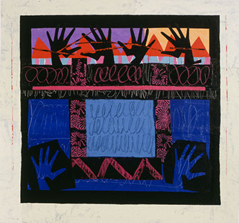 © 1996 “Limbo Rock” acrylic on canvas, collaged, 43” x 43"