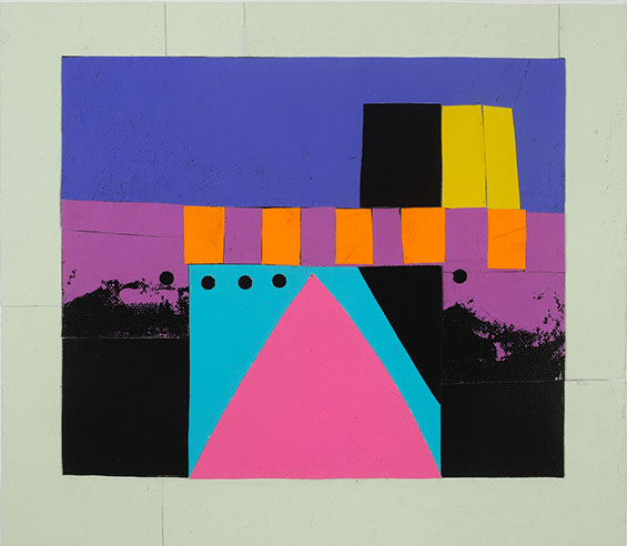 © 2014 "Mexican Night in Popo’s Shadow" acrylic on canvas, collaged, 9-1/4” x 10-5/8”