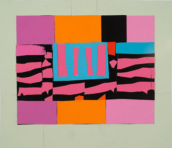 © 2014 "Mitla and Athena" acrylic on canvas, collaged, 9-1/4” x 10-5/8”