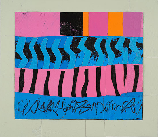 © 2015 “Moroccan Wall with Pink and Blue Bands” acrylic on canvas, collaged, 9-1/2” x 10-5/8”