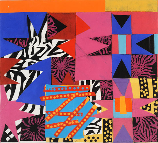 © 1996 “Christmas in&nbsp; Oaxaca” acrylic on canvas, collaged, 43” x 42”